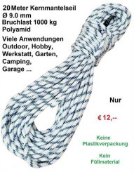 Statikseil 9,0 mm (20 Meter, gebraucht) - Schnur Leine Rope Strick Hobby Outdoor Camping Garage Garten 