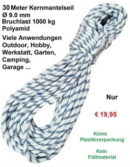 Statikseil 9,0 mm (30 Meter, gebraucht) - Schnur Leine Rope Strick Hobby Outdoor Camping Garage Garten 